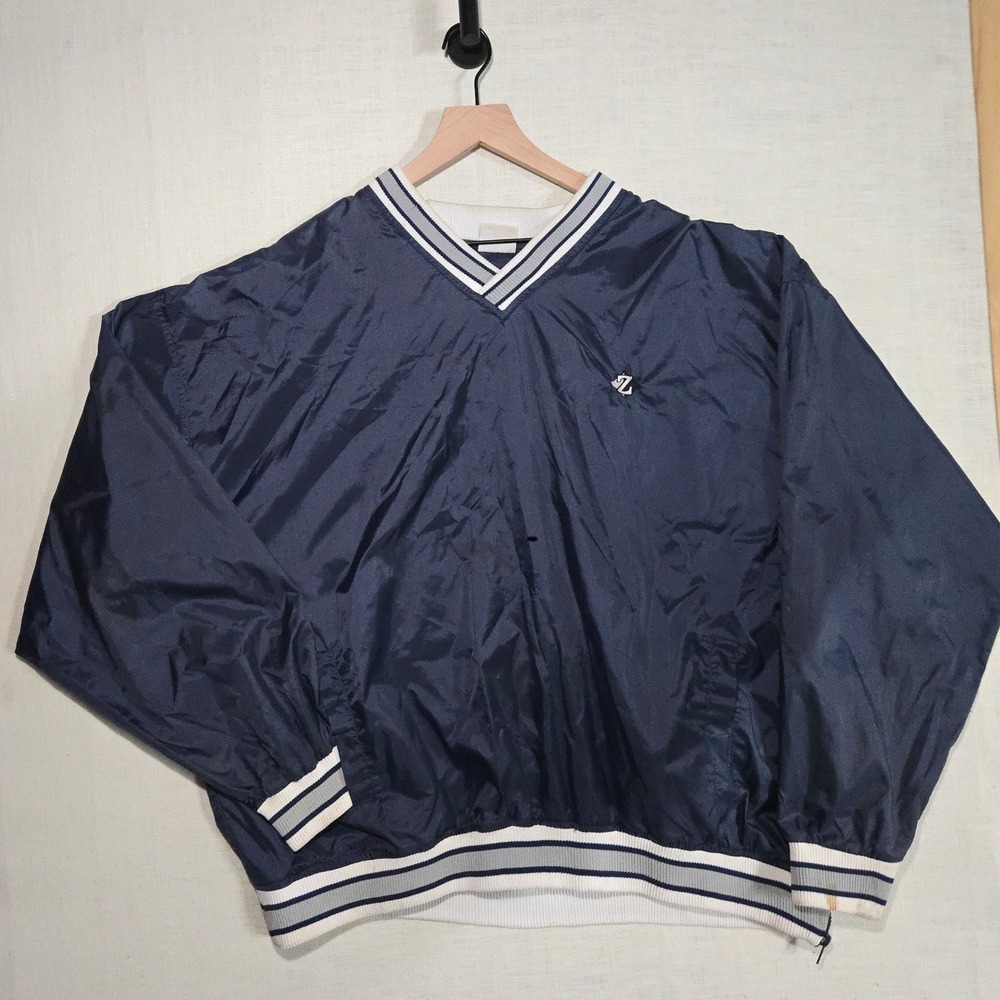 Vtg Jerzees Mens 2X Windbreaker Navy Blue V-Neck Pullover Ribbed Trim Side Zip - Picture 1 of 9